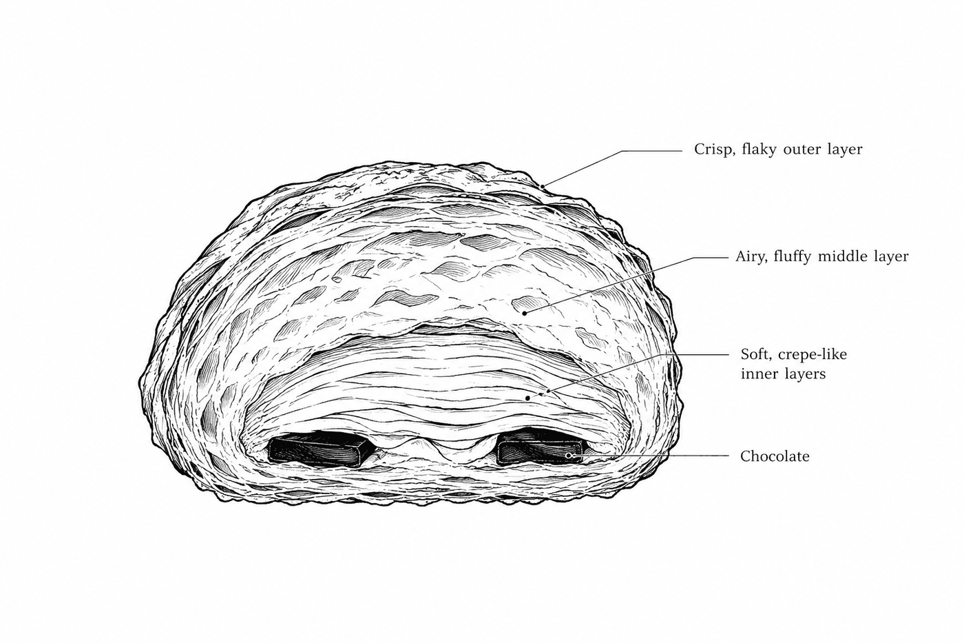 Line drawing: cross-section of a pain au chocolat showing a crisp, flaky outer layer, airy fluffy middle layer, soft crepe-like inner layers and chocolate